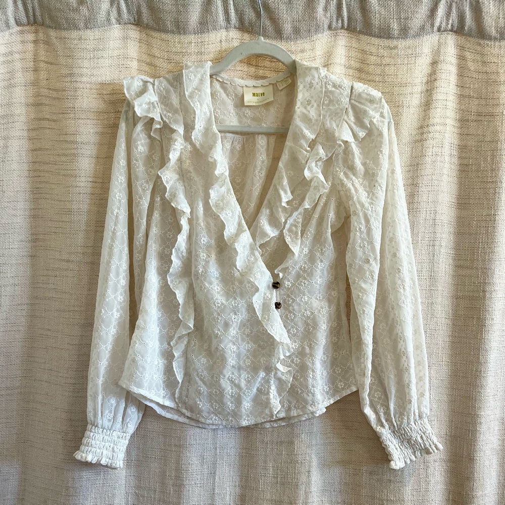 Anthropologie Cream Ruffled Blouse
